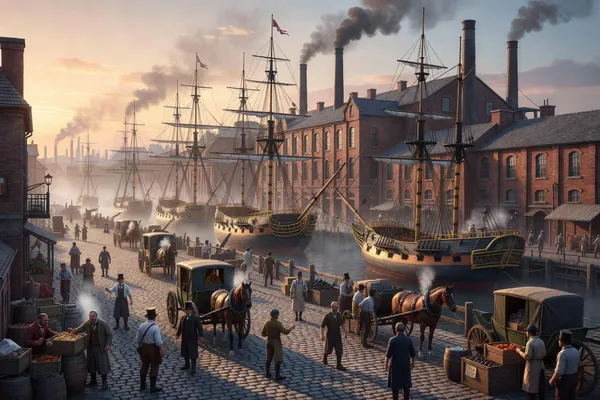 A bustling 19th century industrial harbor city at sunrise. Tall sailing ships docked beside brick factories with smoking chimneys...